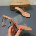 New 2024 square toe crystal heel mule sandals - stylish, versatile, single strap, transparent heel, women's outdoor wear