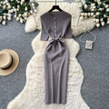 Korean style commute-ready knit dress - women's summer short sleeve single-breasted tie-waist slimming midi dress