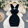 Goddess style sexy heavy industry diamond halter suspender dress heart ruched silm slimming look hip cover backless short skirt