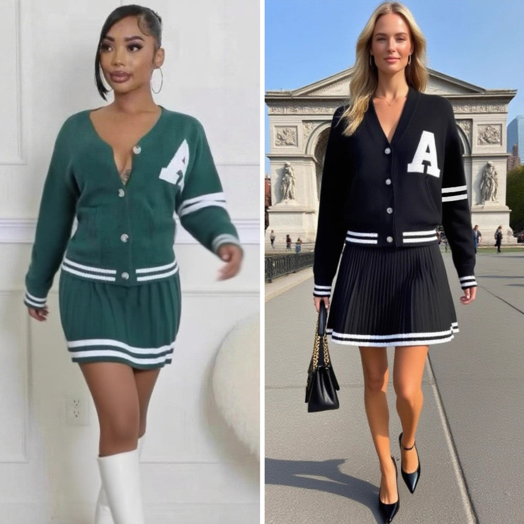 European and American Fashion Academy style V-neck long-sleeved cardigan high-waisted pleated skirt knitted sweater two sets women