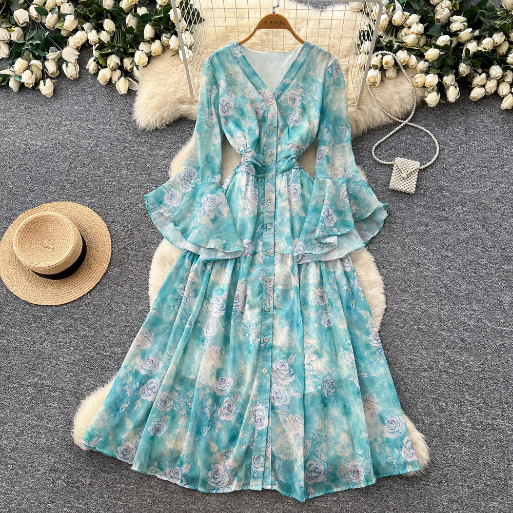 French riviera style rose print v-neck dress - women's spring korean style long sleeve tie-waist slimming maxi dress