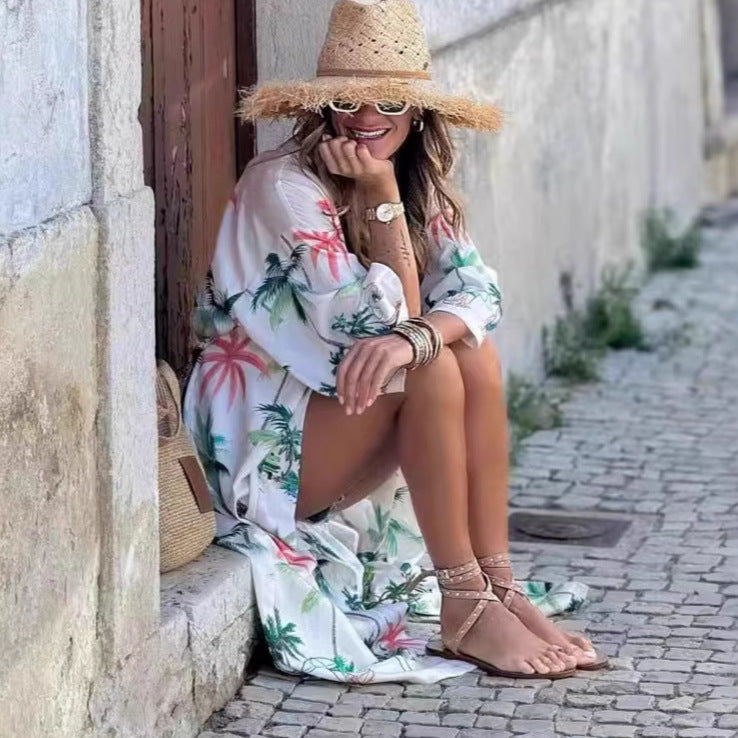 Europe, America and   2025 summer new casual printing long sunscreen shawl cardigan jacket women