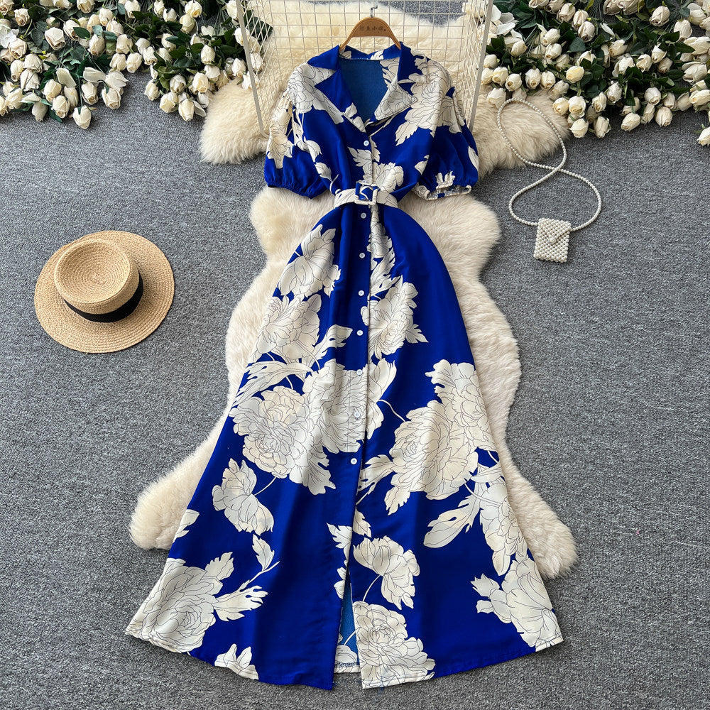 French retro floral print elegant dress - women's summer short sleeve v-neck slimming a-line maxi dress for work