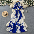 French retro floral print elegant dress - women's summer short sleeve v-neck slimming a-line maxi dress for work