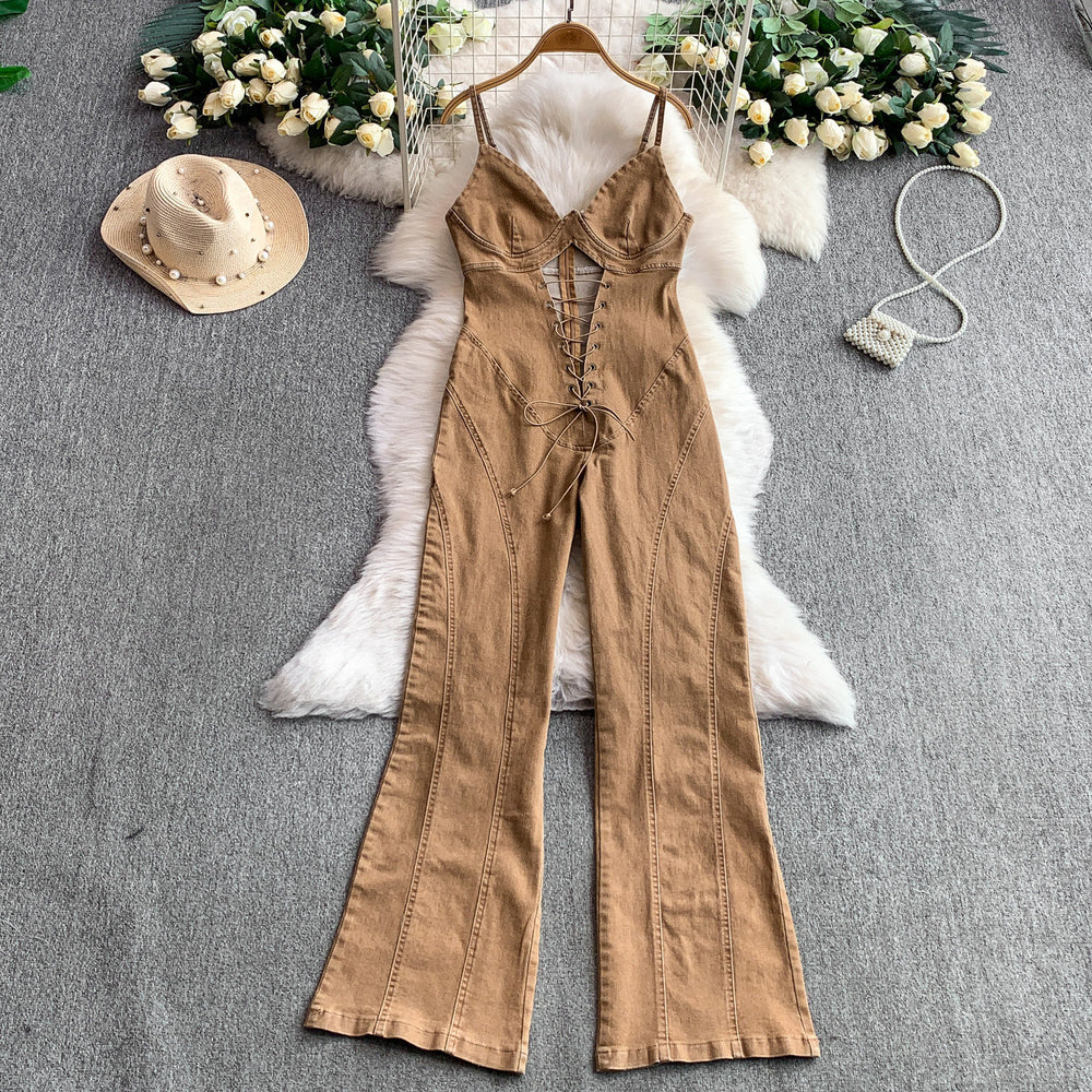 European and american style sexy hollow-out tie-up waist v-neck denim jumpsuit - women's fashion hot girl slim fit flare pants