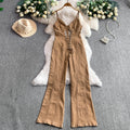 European and american style sexy hollow-out tie-up waist v-neck denim jumpsuit - women's fashion hot girl slim fit flare pants