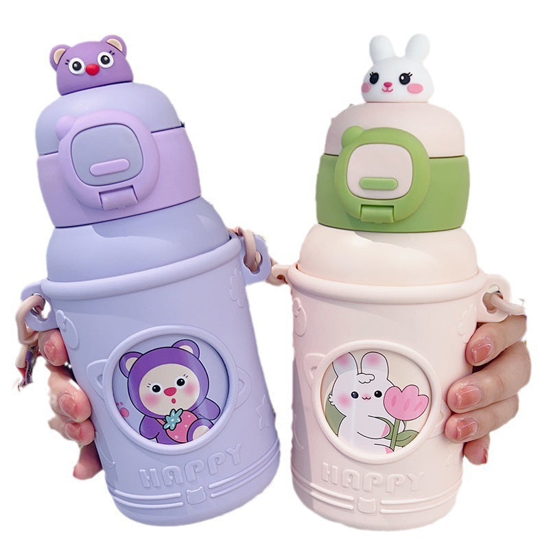 High-value 316 stainless steel food-grade cute cartoon double-drink straw water bottle gift for kids (plush toy design)