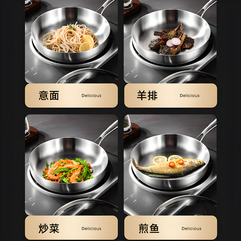 Uncoated, heavy-gauge 304 stainless steel frying pan - non-stick, suitable for home use, compatible with gas and induction cooktops