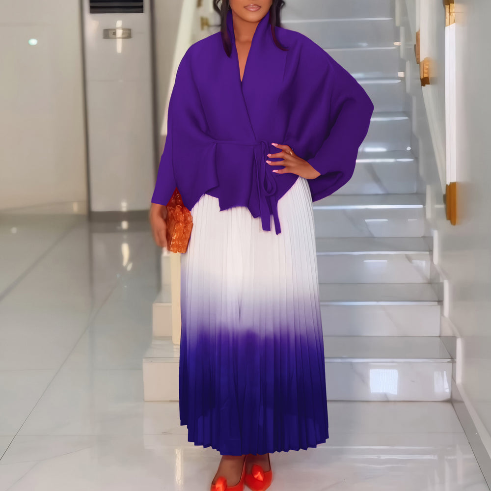 C8610 african plus size women's spring new fashion tie-up batwing sleeve top and gradient color midi skirt two-piece set