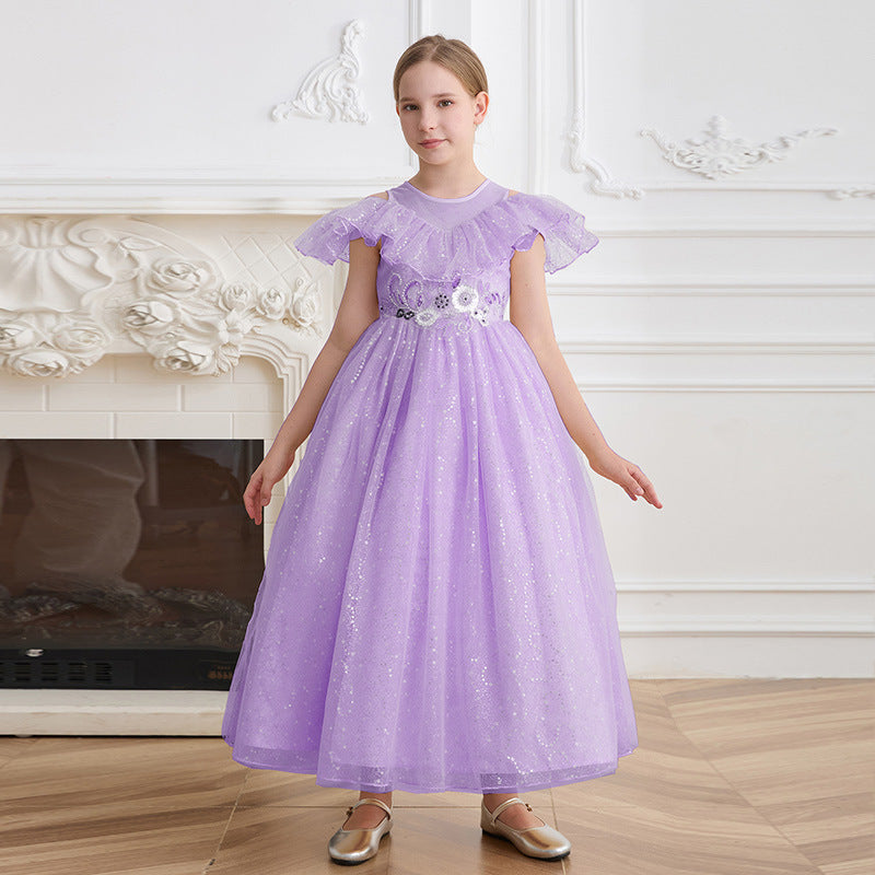 Custom-made tulle dress for girls, european and american style, off-the-shoulder princess dress, elegant long dress for children's birthdays, high-end dress for little girls