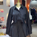 European and american cross-border women's fashion:  autumn new collection - stylish design patchwork striped shirt and a-line skirt set