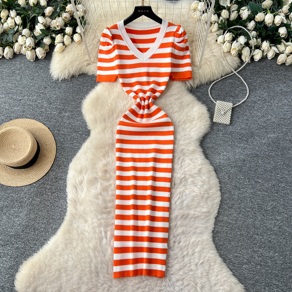 Korean chic goddess style high-end fashion color block striped v-neck puff sleeve cinched waist slimming knitted dress