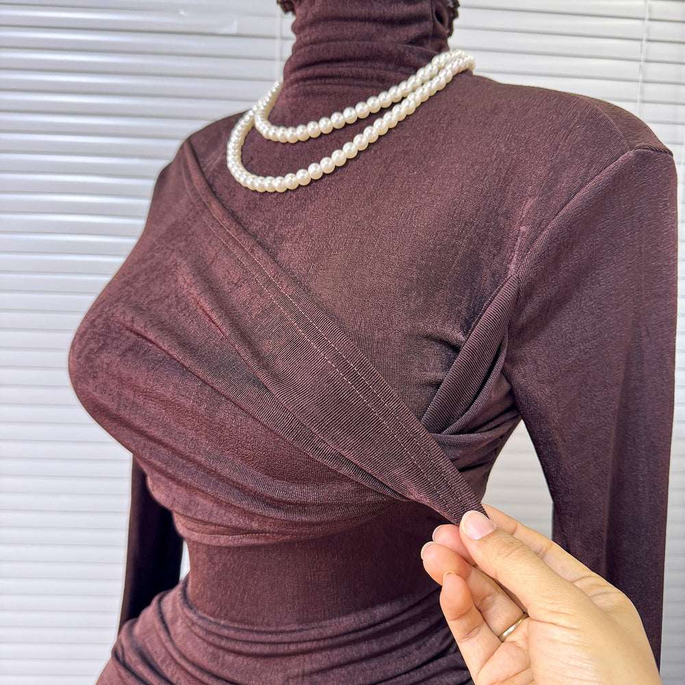fashion style evening dress  spring new arrivalfashionelegant silhouette high collar chest wrap hip long sleevesdress