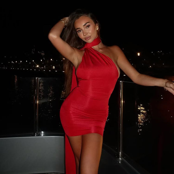 European and American   women's clothing new pure desire sexy backless streamer hanging neck fashion hip dress women 5067