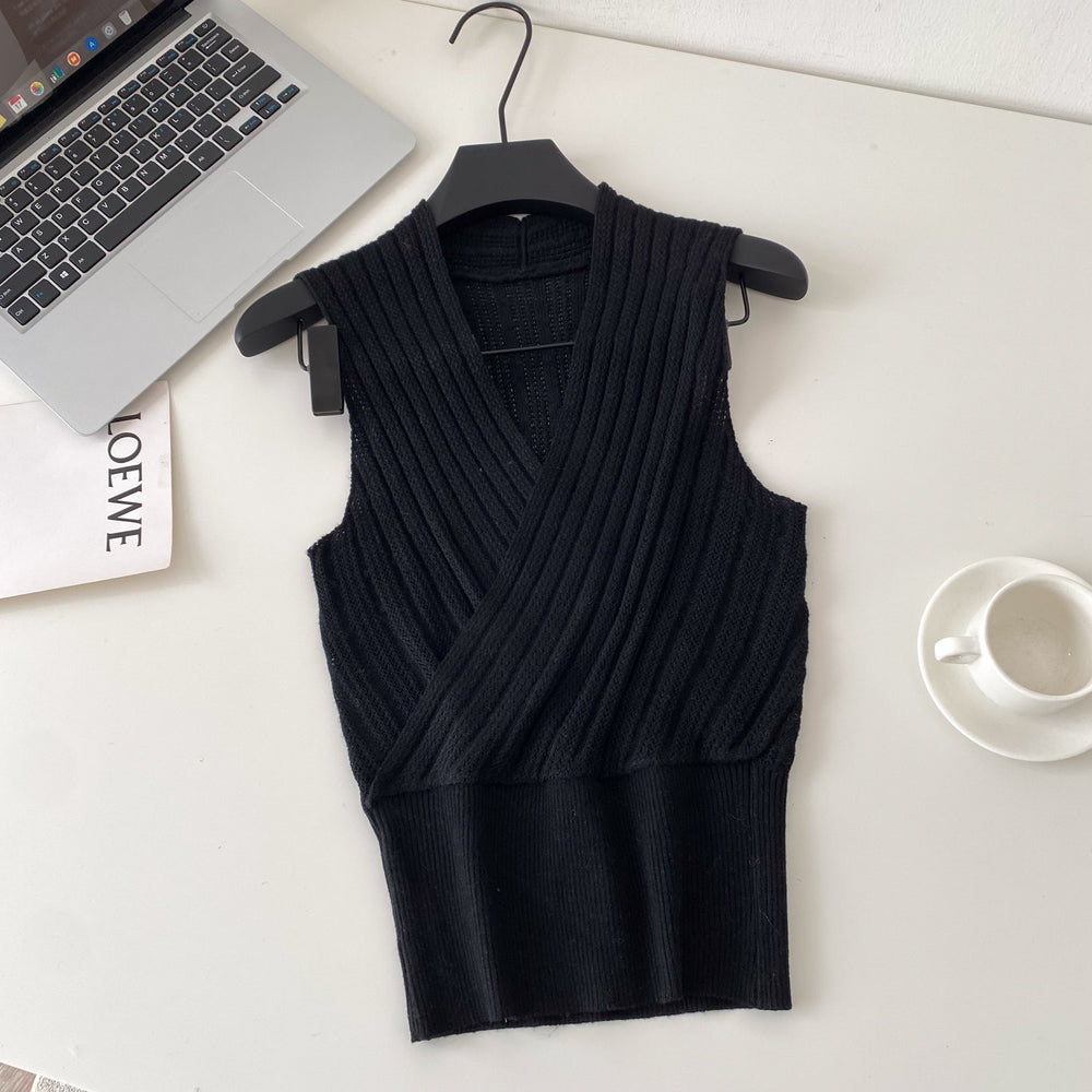 Sense of designniche style chicelegantv-neck knitting vest women's  spring and summerpure color sleeveless silmslimming looktops