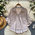 Korean style commute-ready striped shirt: breathable, skin-friendly, women's  summer short-sleeve loose-fit cardigan, solid color, elegant top