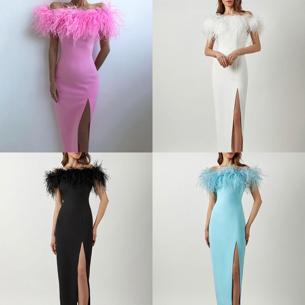 2024 cross-border spring/summer new european and american style one-shoulder evening gown feather socialite dress banquet elegant long dress