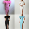2024 cross-border spring/summer new european and american style one-shoulder evening gown feather socialite dress banquet elegant long dress