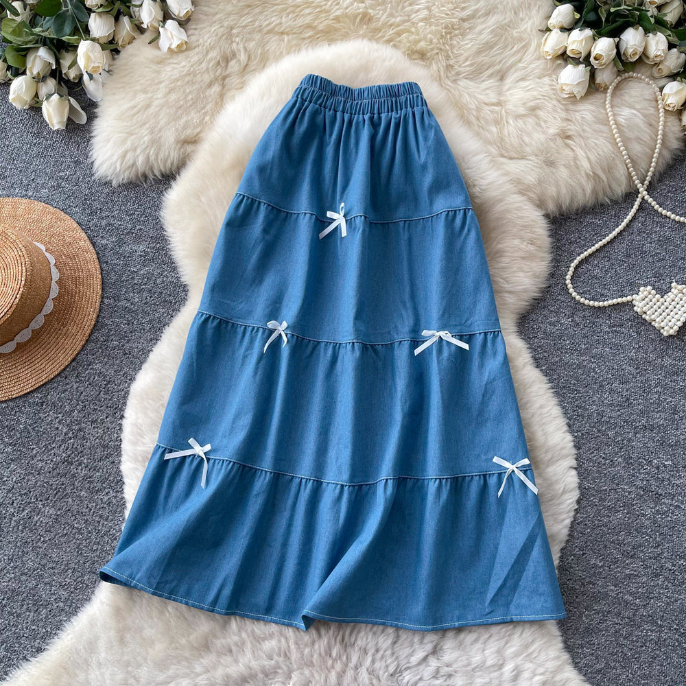 Korean style high-waisted a-line midi skirt with bow detail - sweet & chic summer workwear