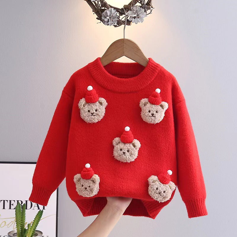 Christmas kids' sweater - korean velvet thickened, cartoon bear hand-knitted base layer for boys and girls