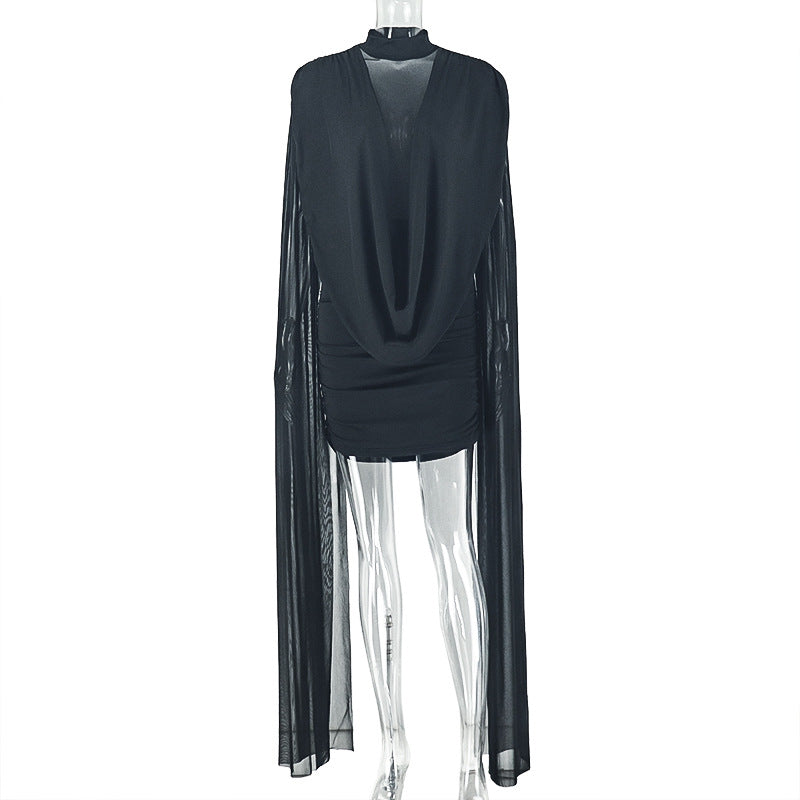 European and american style solid color breathable women's pleated vacation bodycon mini dress with stand collar - wholesale summer collection