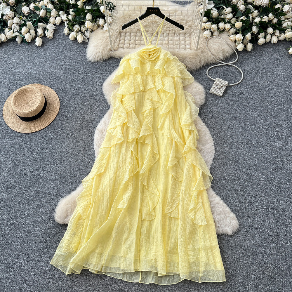 French sleeveless tiered a-line dress - women's summer design, high-waisted ruffle hem, rose red maxi dress