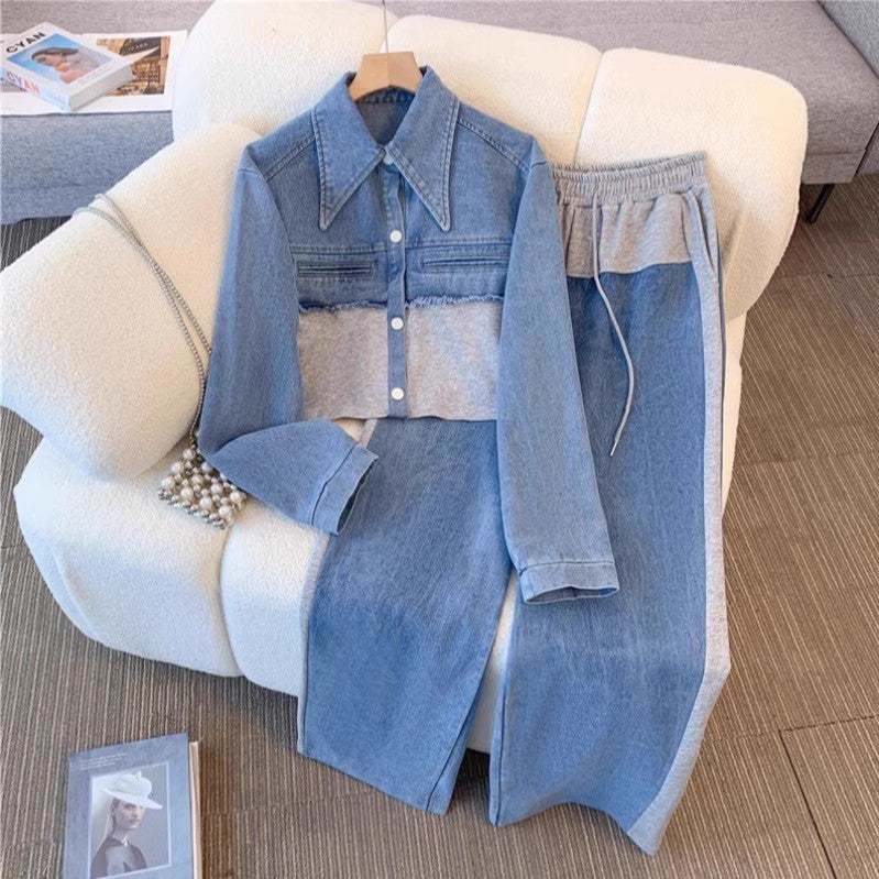 Denim patchwork fashion casual set - new spring/autumn long sleeve top + wide leg pants two-piece outfit