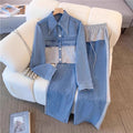 Denim patchwork fashion casual set - new spring/autumn long sleeve top + wide leg pants two-piece outfit