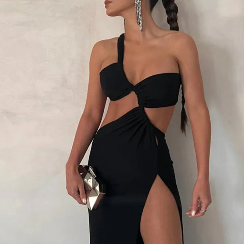 women's summer new arrivals:  cross-border fashion - european & american style sexy solid color backless slit dress