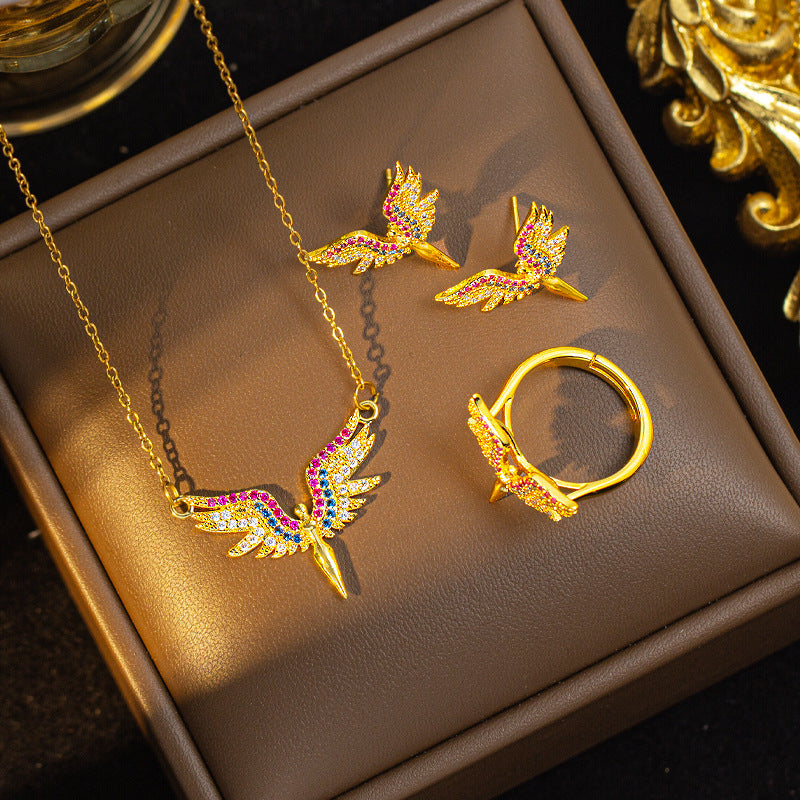 [set] cross-border new angel necklace for women, micro-embedded high-end zircon niche design earrings and rings wholesale