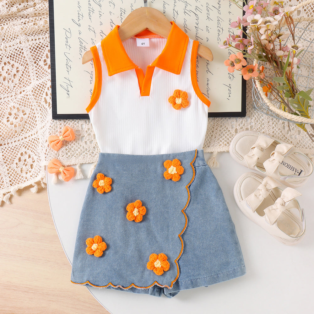 Children's clothing cross-border european and american girls orange collar white vest + blue skirt baby
