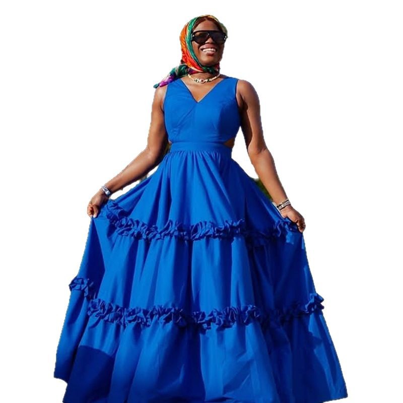 European and american cross-border women's fashion:  summer new arrival - elegant v-neck solid color ruffle trim high-waisted swing sleeveless dress