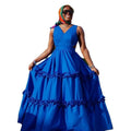 European and american cross-border women's fashion:  summer new arrival - elegant v-neck solid color ruffle trim high-waisted swing sleeveless dress