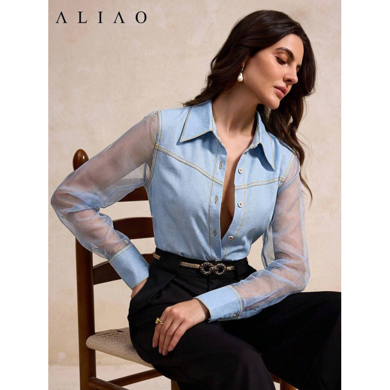 Amazon fashion  summer new design versatile elegant exquisite mesh patchwork denim top