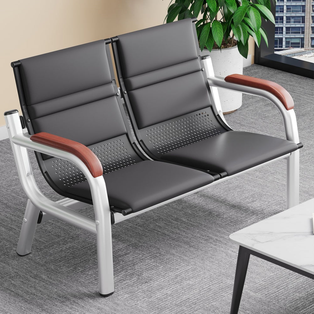 Office sofa and coffee table set - minimalist modern reception desk with iron frame, business three-seater sofa