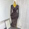 sexyelegance cross v neck leopard print printingdress rhinestone silm hip slit long skirt women's dress