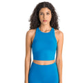 High-stretch yoga tank top for women, featuring built-in bra pads, anti-slip design, shockproof sports bra, high neckline, and side support to minimize underarm bulge. model et001