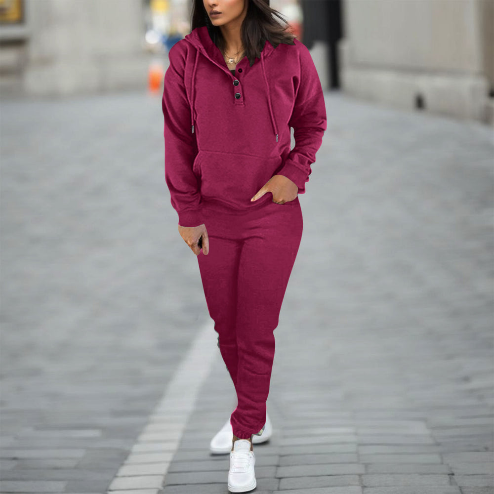 cross-border  women's solid color hooded long sleeve sweatshirt & fashionable tapered leg pants two-piece set