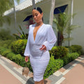 European and american cross-border women's fashion:  autumn new arrival - solid color long sleeve deep v-neck cinched waist ruched slim fit maxi dress