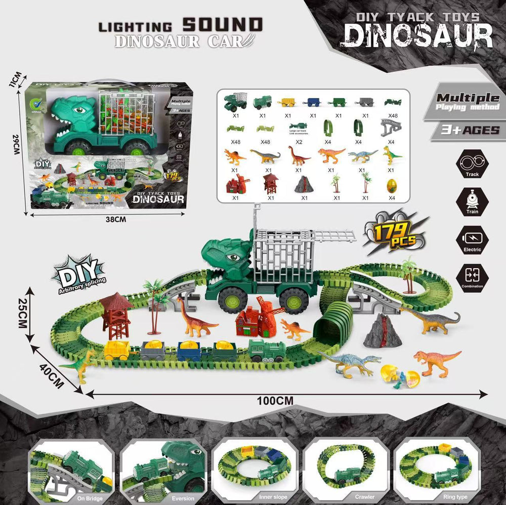 hot-selling electric dinosaur track car diy versatile assembly building educational roller coaster tunnel toy wholesale