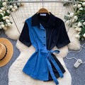 K-stylepatchworkcomfortable breathable waist-cinching denim shirt for women, light and mature style, tie backslimming look, easiest for match style tops