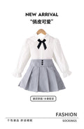 Girls' foreign trade skirt set: white long-sleeve blouse with bow tie, high-waisted pleated skirt, preppy style children's outfit