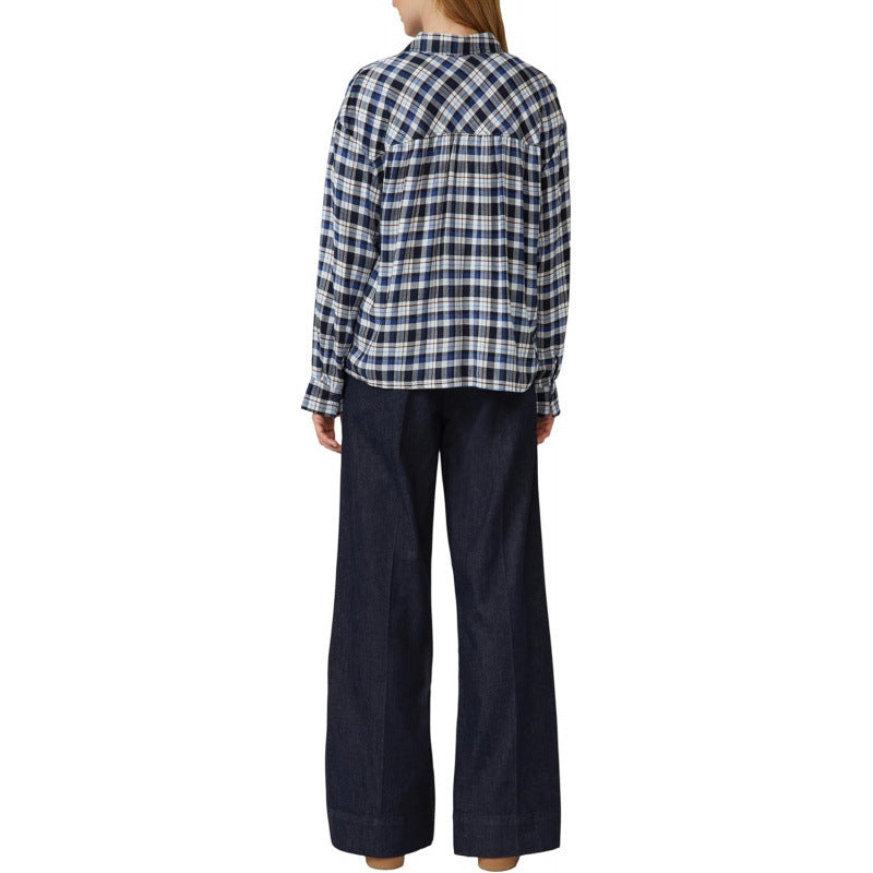 Amazon fashionpolo collar plaidlong sleevesshirt women's  spring new arrivalretrofashiontops