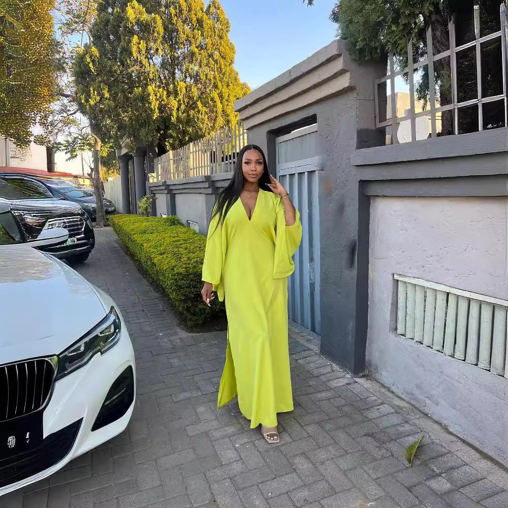 European and american cross-border women's fashion:  autumn new arrival - solid color v-neck batwing sleeve elegant long slit dress