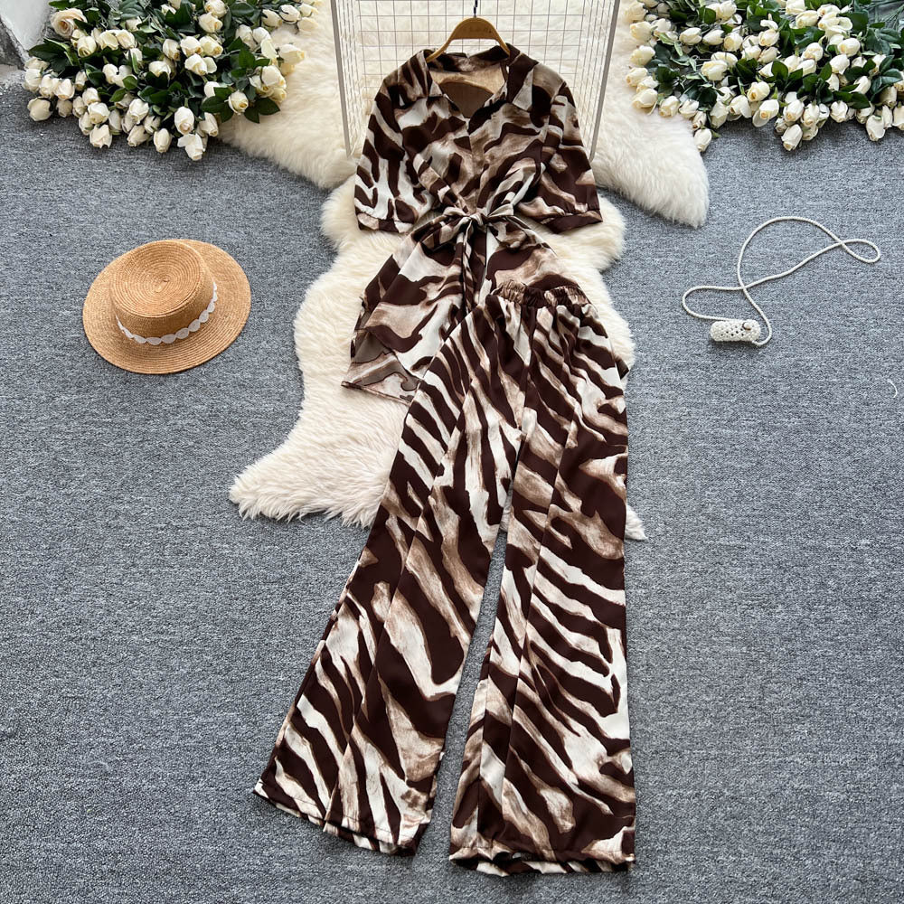 European style fashion print set - women's summer chic: tie-waist asymmetrical blouse & high-waisted wide-leg straight pants