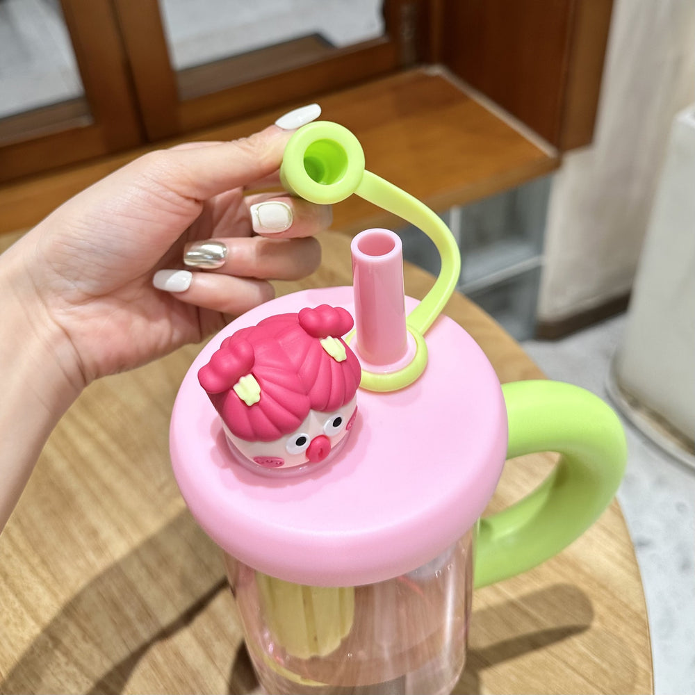 Summer high-looking tea warehouse plastic cup cartoon large capacity handle straw cup student outdoor portable ice straw