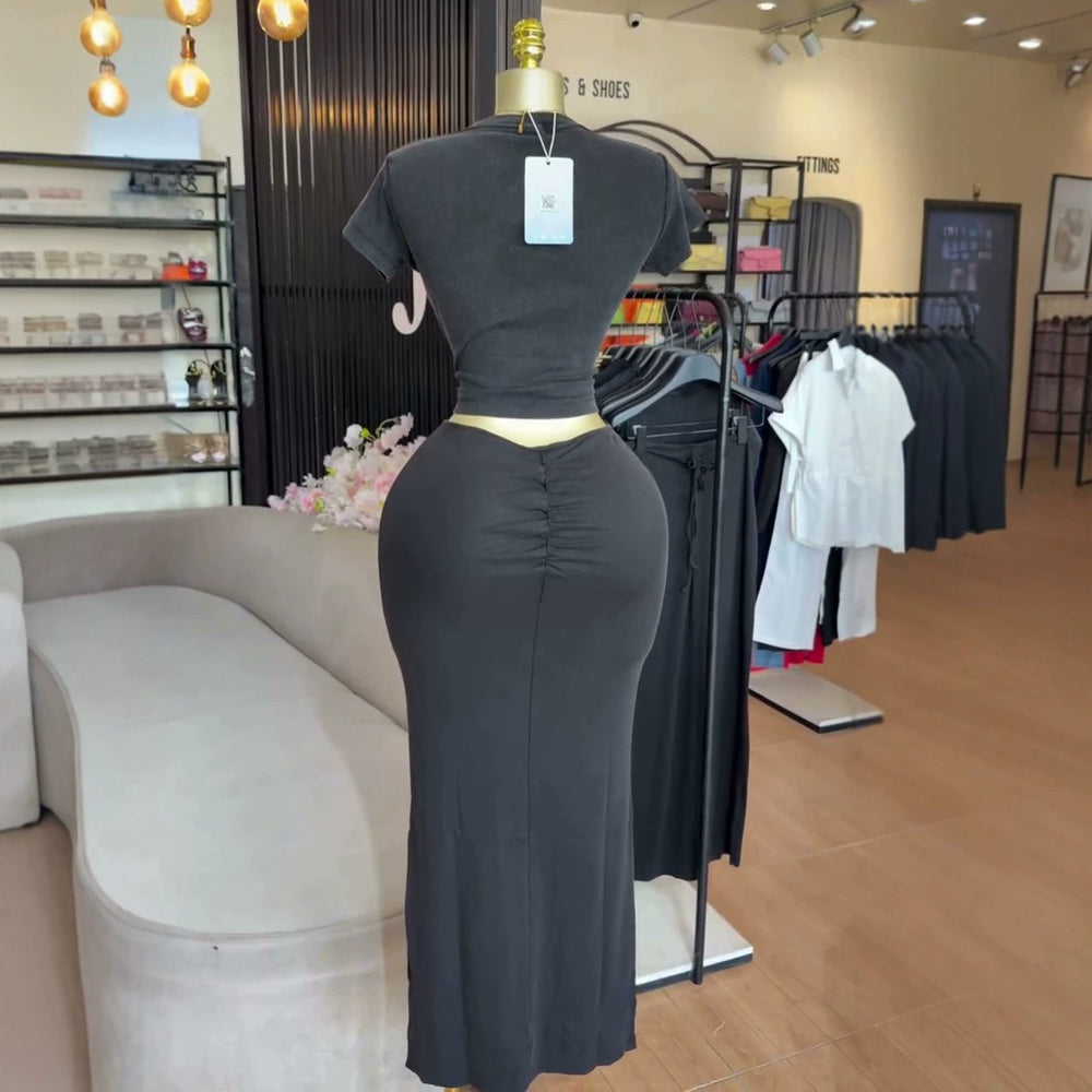 European and american cross-border women's fashion:  summer new arrival - elegant round neck short sleeve t-shirt and tie-waist bodycon midi skirt set