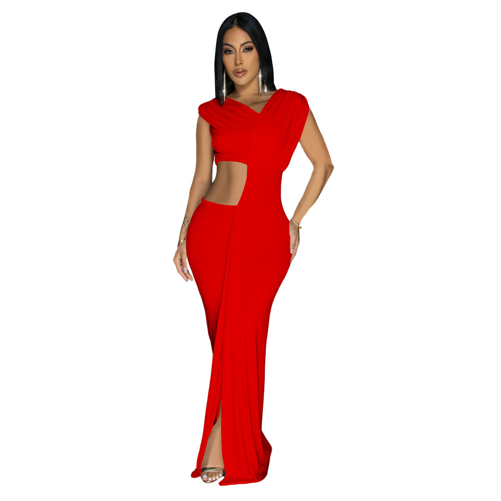 C7061 cross-border   independent station fashionable women's solid color sleeveless deep v dress new arrival