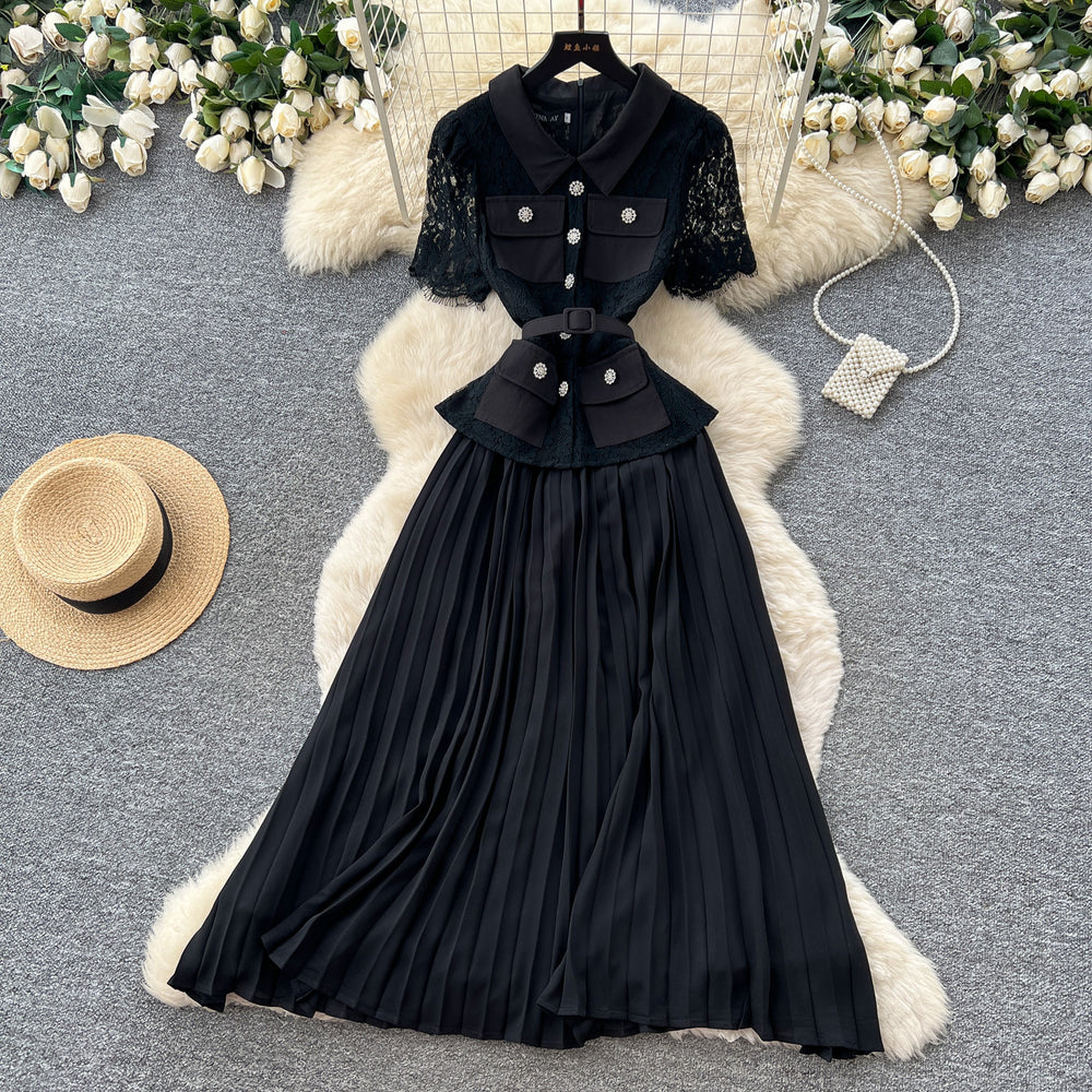 French chic red lapel lace patchwork dress - women's summer high-end commute elegance pleated skirt