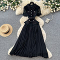French chic red lapel lace patchwork dress - women's summer high-end commute elegance pleated skirt